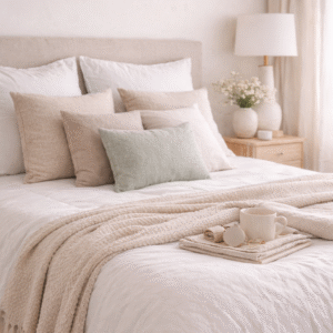 dormitorio minimalista con cama blanca, cojines beige y verde, manta tejida y mesita de noche con lámpara y flores